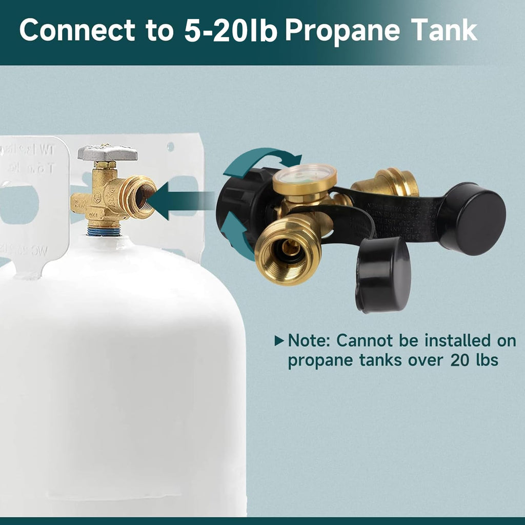 GASPRO Propane Splitter & Gauge, 2-Way for 5-20LB Tanks, Heaters, Stoves, Grills