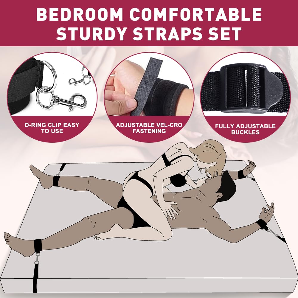 Couples Intimate Bondage Kit, Restraints System with Adjustable 75'' Straps, Handcuffs, Blindfold and Tickler, Adult Bedroom Accessories