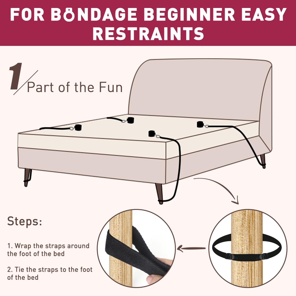 Couples Intimate Bondage Kit, Restraints System with Adjustable 75'' Straps, Handcuffs, Blindfold and Tickler, Adult Bedroom Accessories