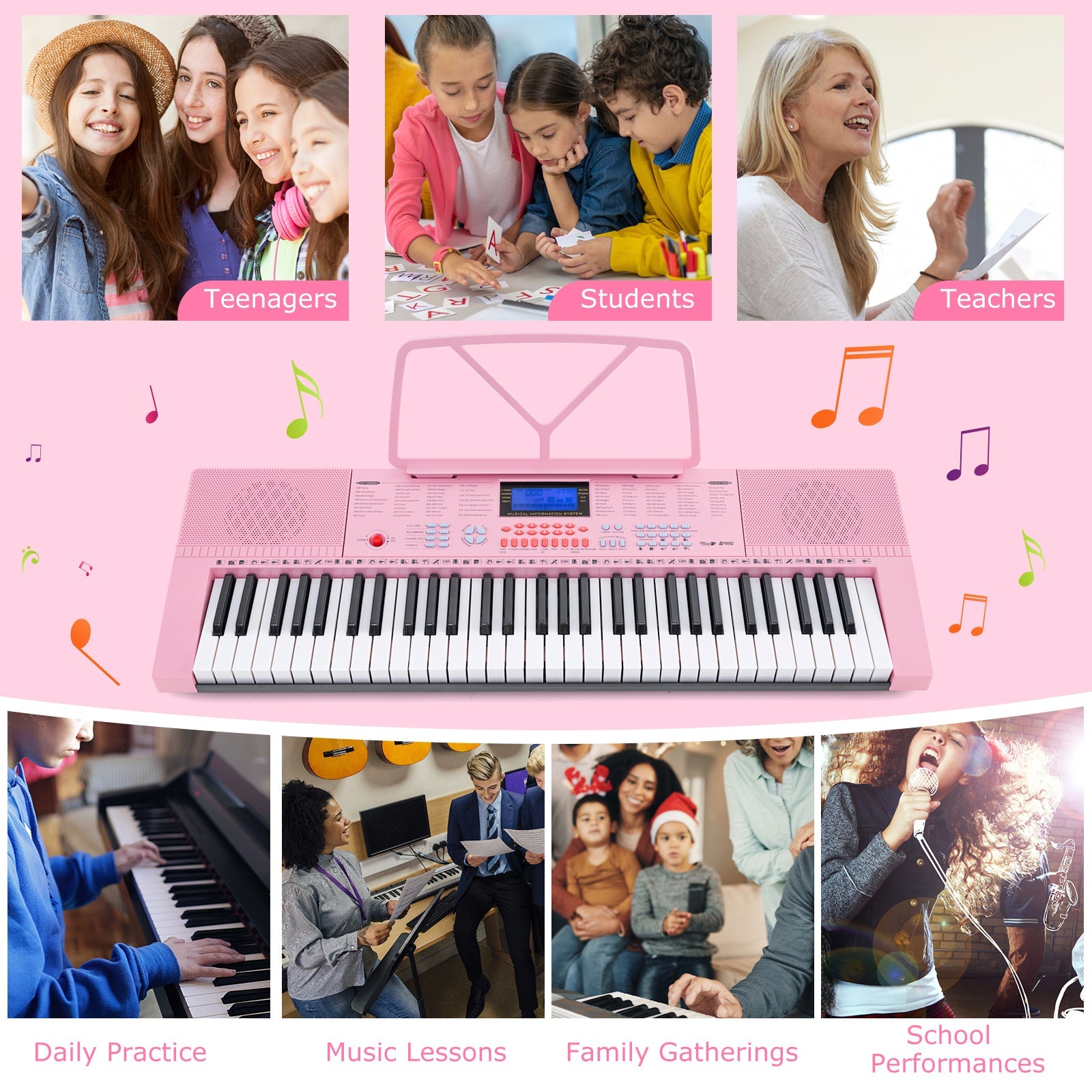 61-Key Electric Piano Keyboard for Beginner-Pink
