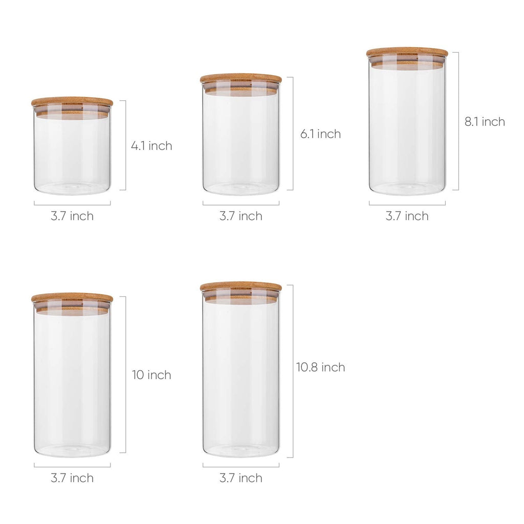 Glass Food Storage Containers, Food Jars with Bamboo Wooden Lids - Set of 5