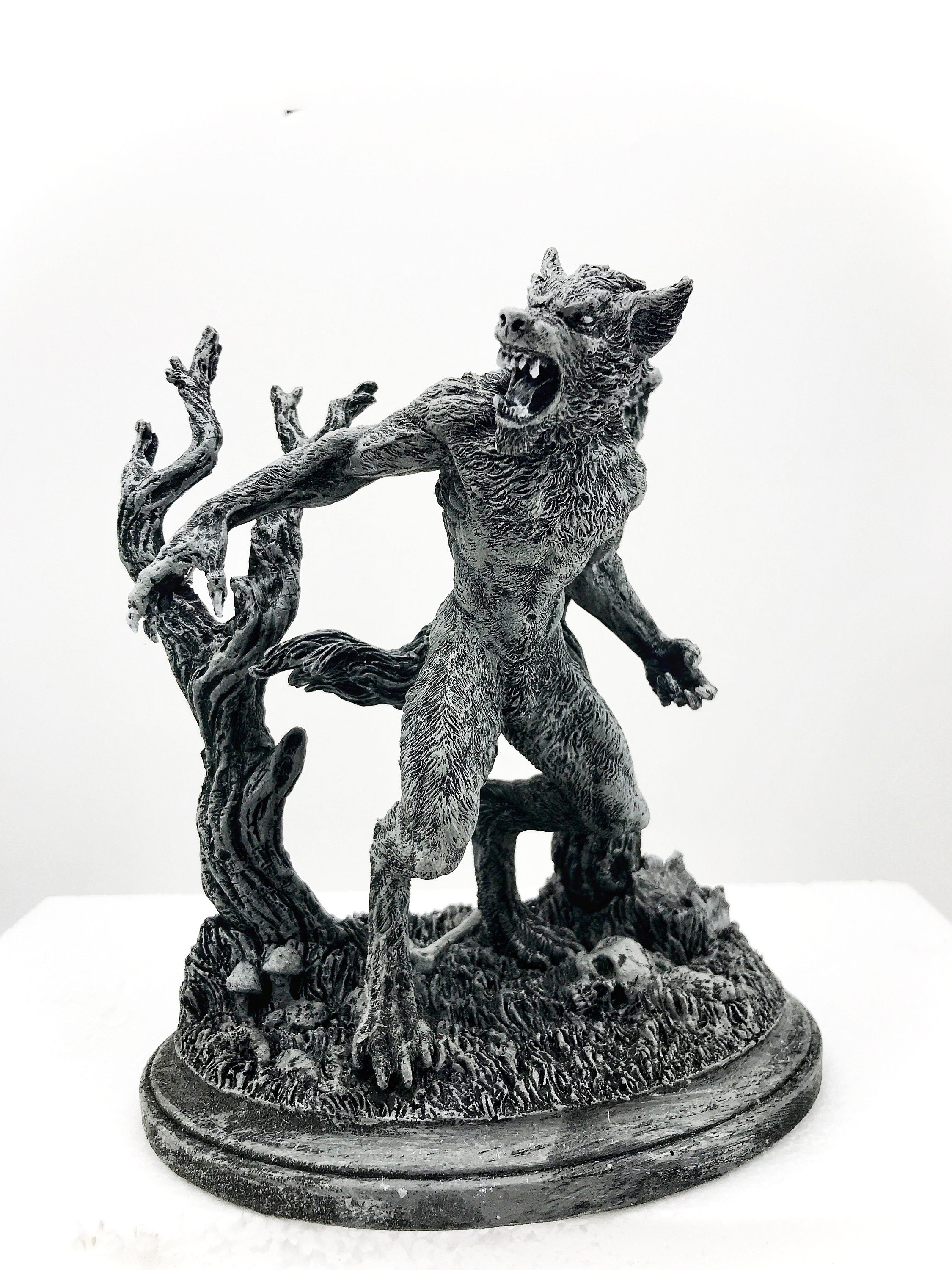 Werewolf Statue, Hand Painted Grayscale Resin Sculpture | Gothic Halloween Legendary Monster Figurine | Dark Art for Spooky Home Decor
