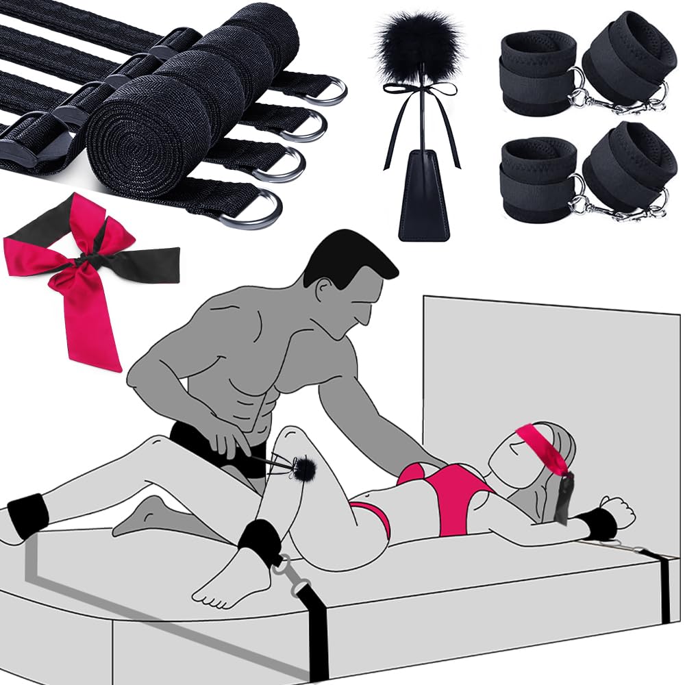 Couples Intimate Bondage Kit, Restraints System with Adjustable 75'' Straps, Handcuffs, Blindfold and Tickler, Adult Bedroom Accessories