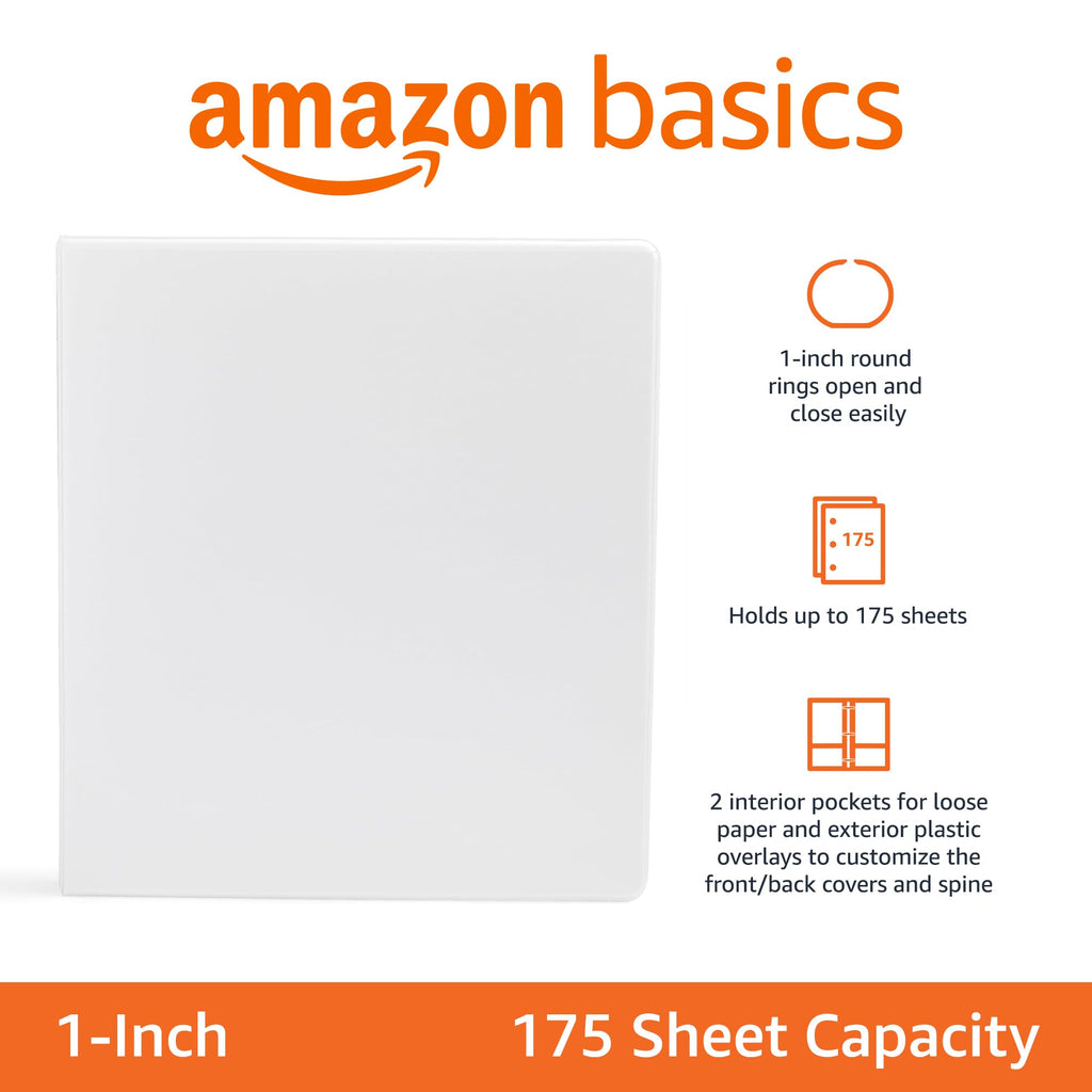 3-Ring Binder, 1-Inch - White, 4-Pack