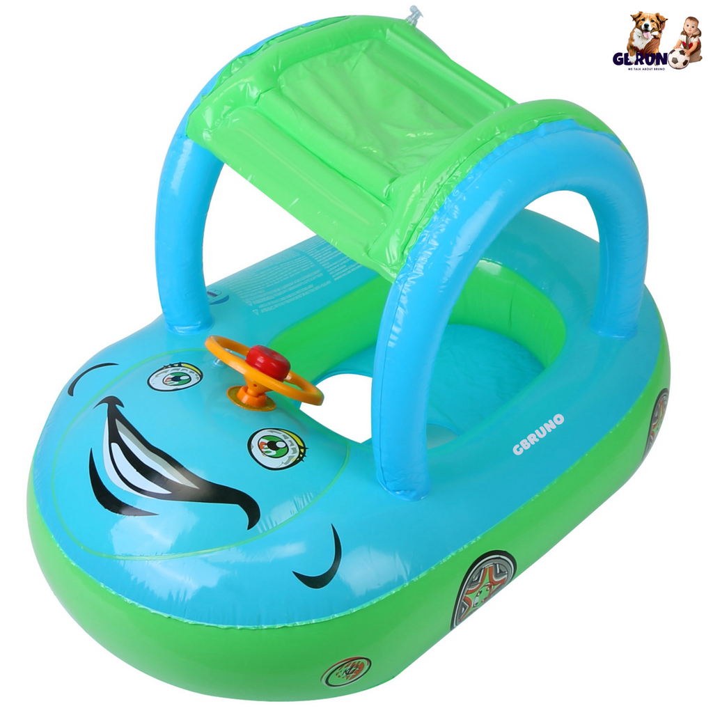 Baby Inflatable Pool Float Car Shaped Toddler Swimming Float Boat Pool Toy Infant Swim Ring Pool with Sun Protection Canopy for 1-3 Year-Old Kids Infa