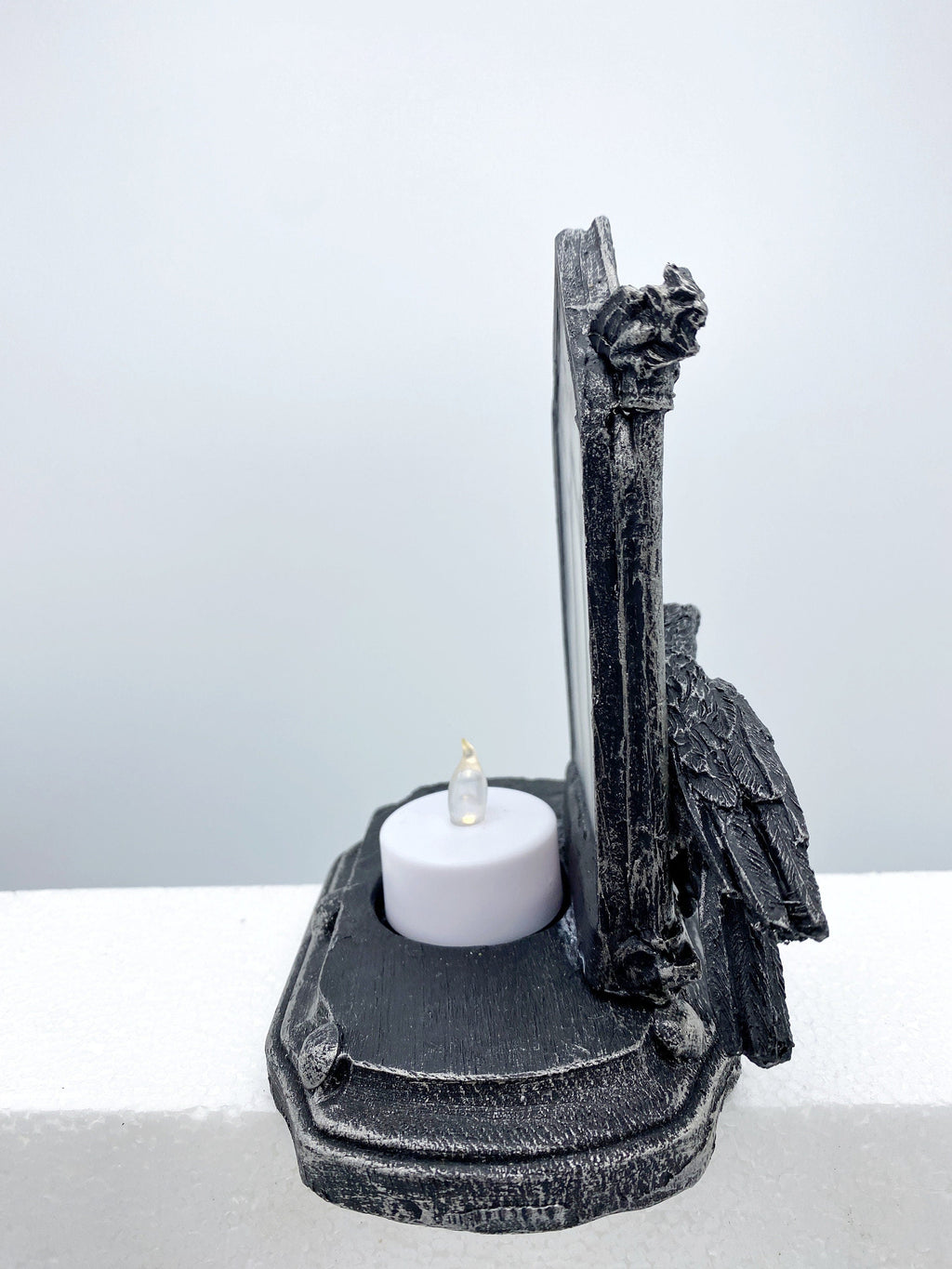 Raven and Window Tea Light, Hand Painted Resin Sculpture | Medieval Gothic Night Light | Poe’s Raven Lighting for Gothic Fantasy Home Decor