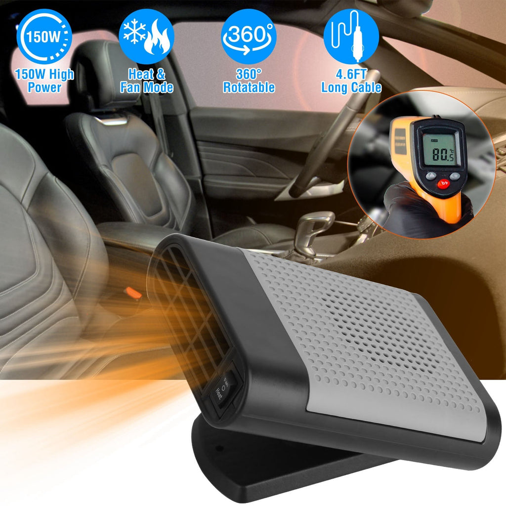 12V 150W Portable Car Heater Heating Fan 2 in 1 Defroster Defogger Demister Windshield Heater Automotive Cooling Fan with 360°Rotating Base