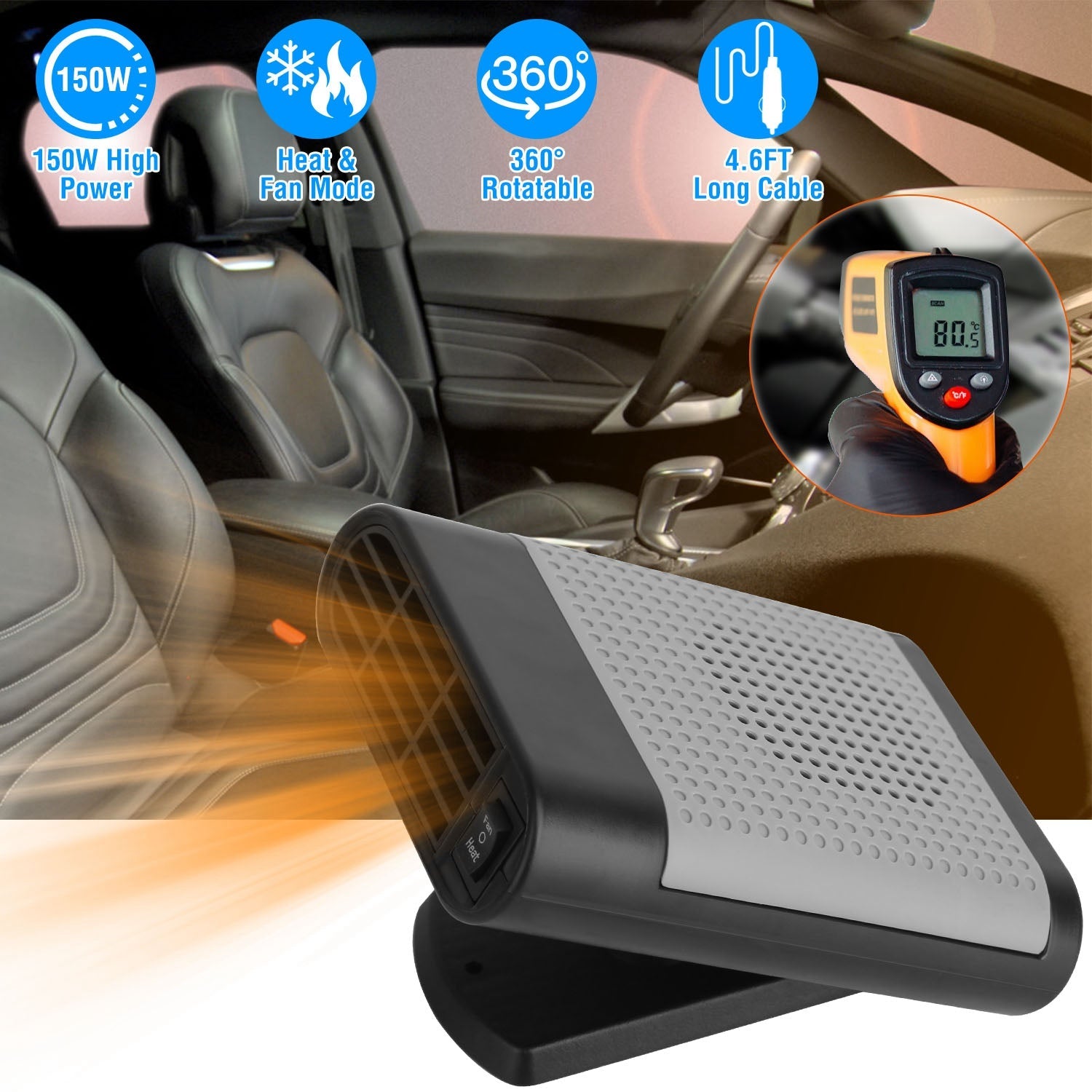 12V 150W Portable Car Heater Heating Fan 2 in 1 Defroster Defogger Demister Windshield Heater Automotive Cooling Fan with 360°Rotating Base