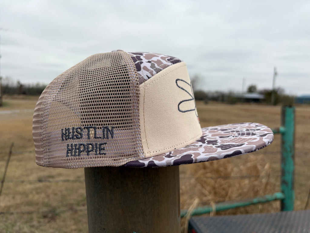 PL Series 7 Panel Mesh Snapback- TAN/CAMO- GREY LOGO w/ BOLD style
