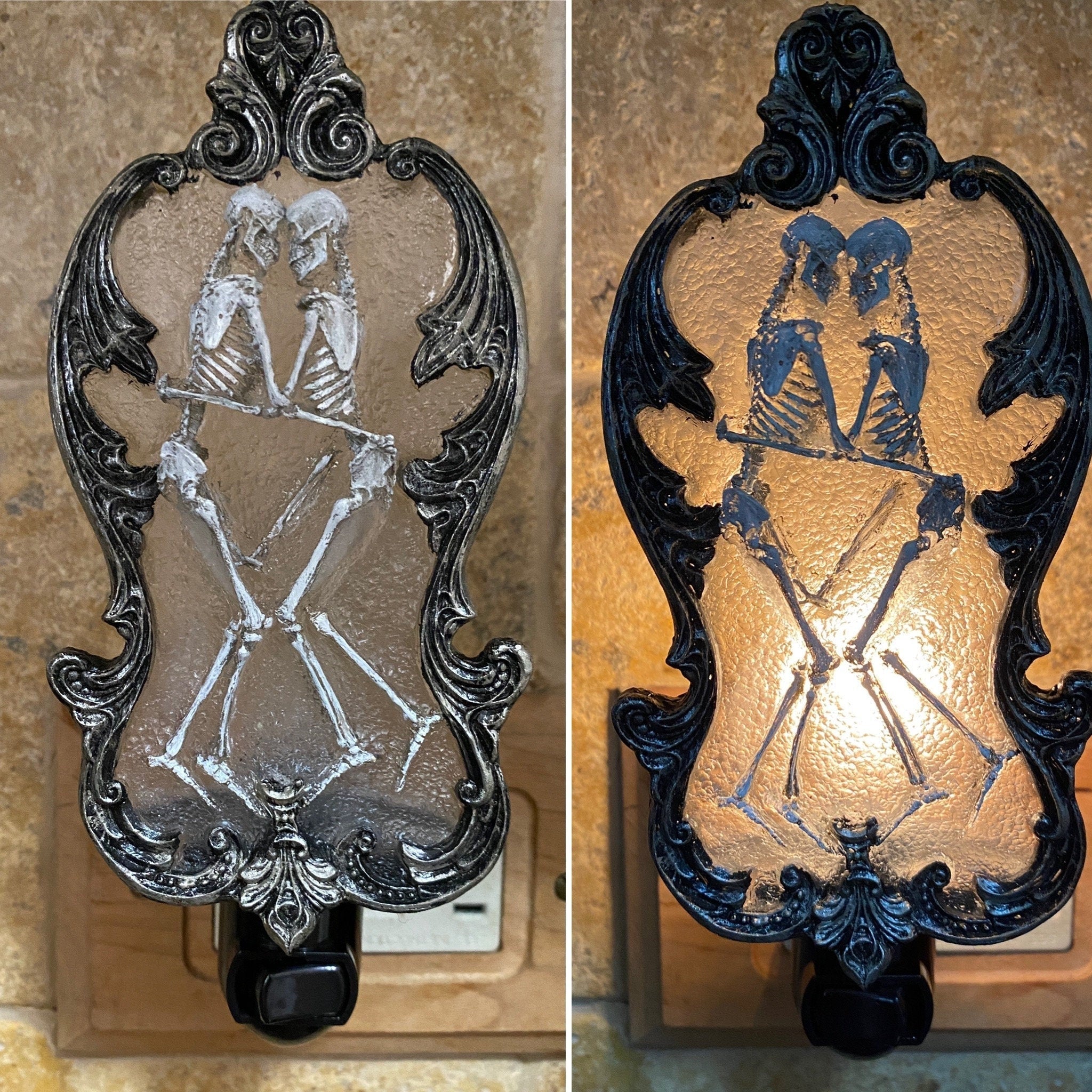Amor Aeternus, Skeleton Lovers Nightlight, Hand Painted Resin Sculpture| Gothic Night Light |Embracing Skeletons Light for Gothic Home Decor