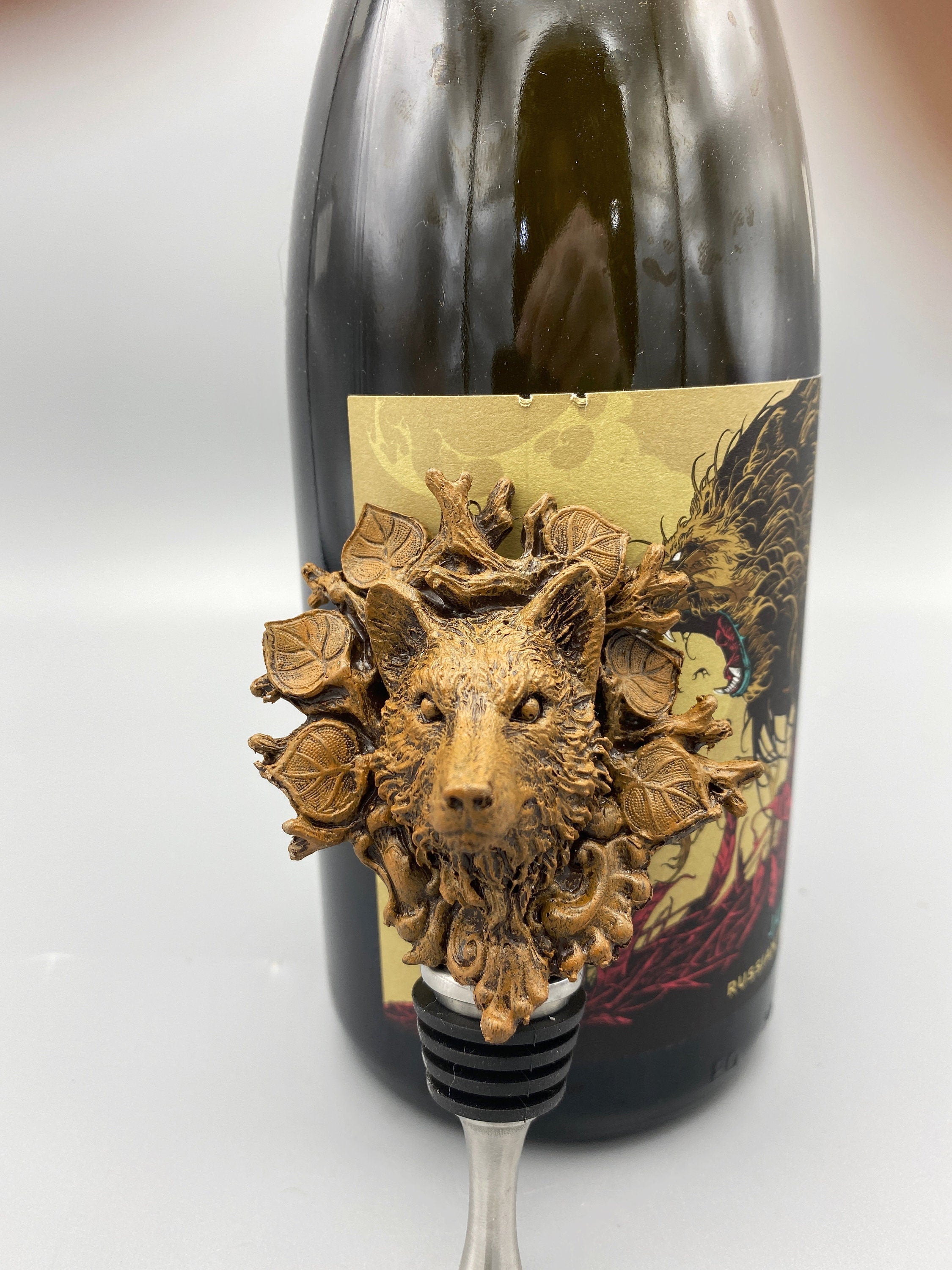 Black Forest Wolf Winestopper, Hand Sculpted Resin, Mythic Fantasy Art Barware | Gothic Wolf Bottle Stopper | Fantasy Wine and Barware Gift