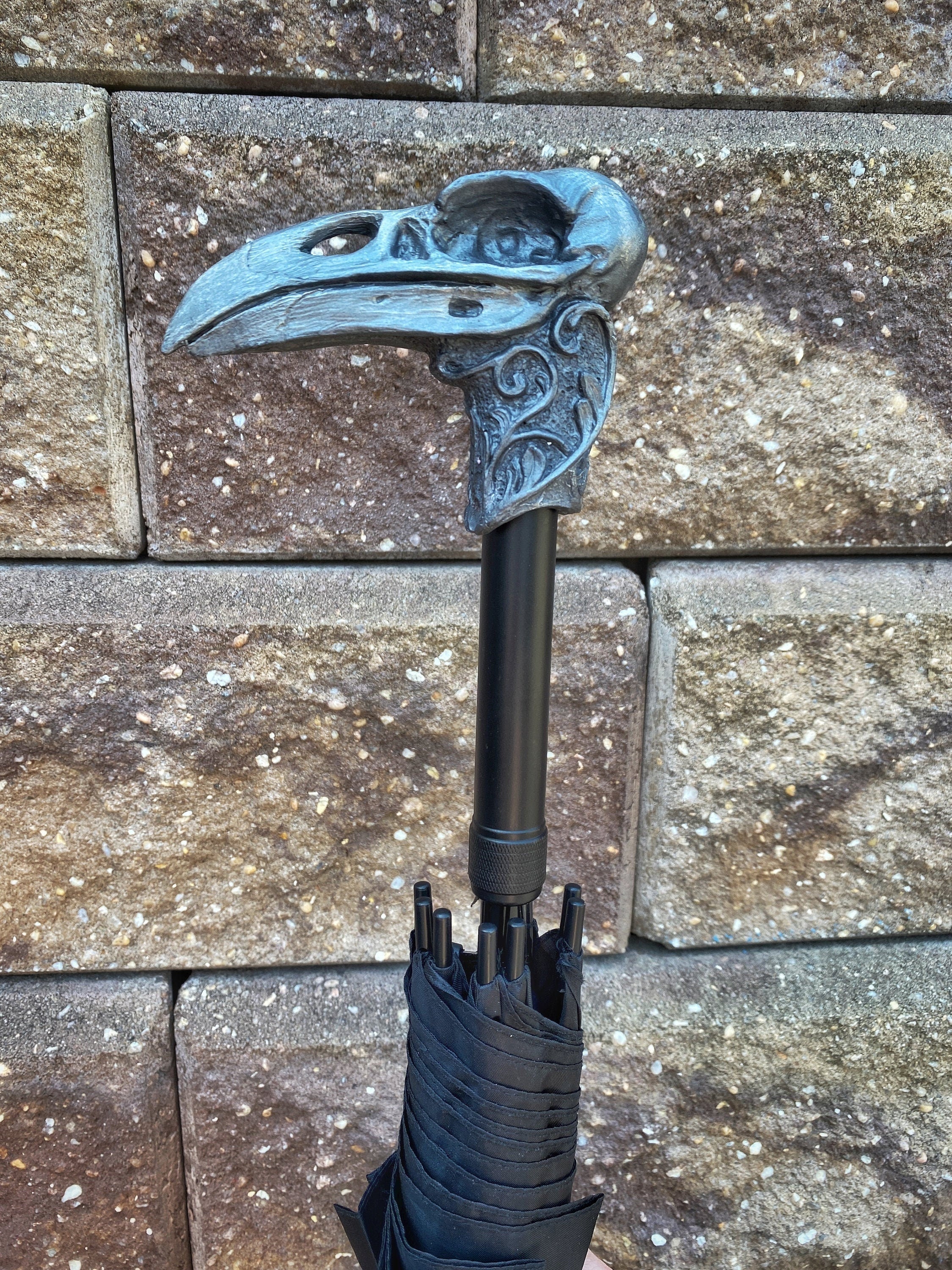 Raven Skull Umbrella, Hand Sculpted Resin | Dark Victorian Gothic Umbrella | Fantasy Cosplay | Raven Crow Skull Umbrella, Gothic Accessory