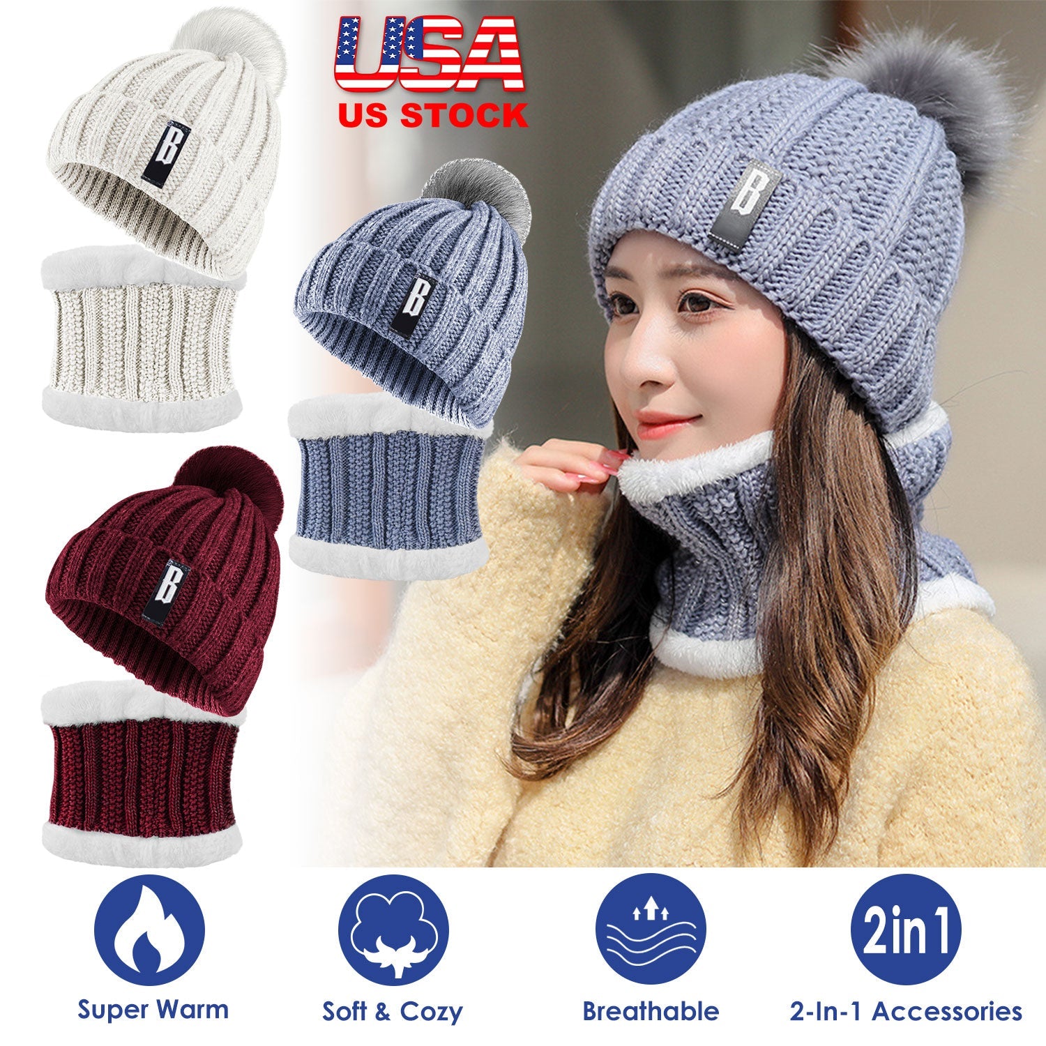 Winter Beanie Hat Scarf Set Women Warm Knitting Skull Cap Neck Warmer for Walking Running Hiking Camping Outdoors Gift
