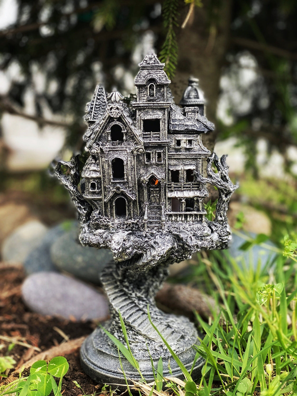 Haunted Mansion, Resin Sculpture with LED Tea Light | Victorian Gothic Haunted House Statue | 9” Gift for Gamers and Spooky Home Decor