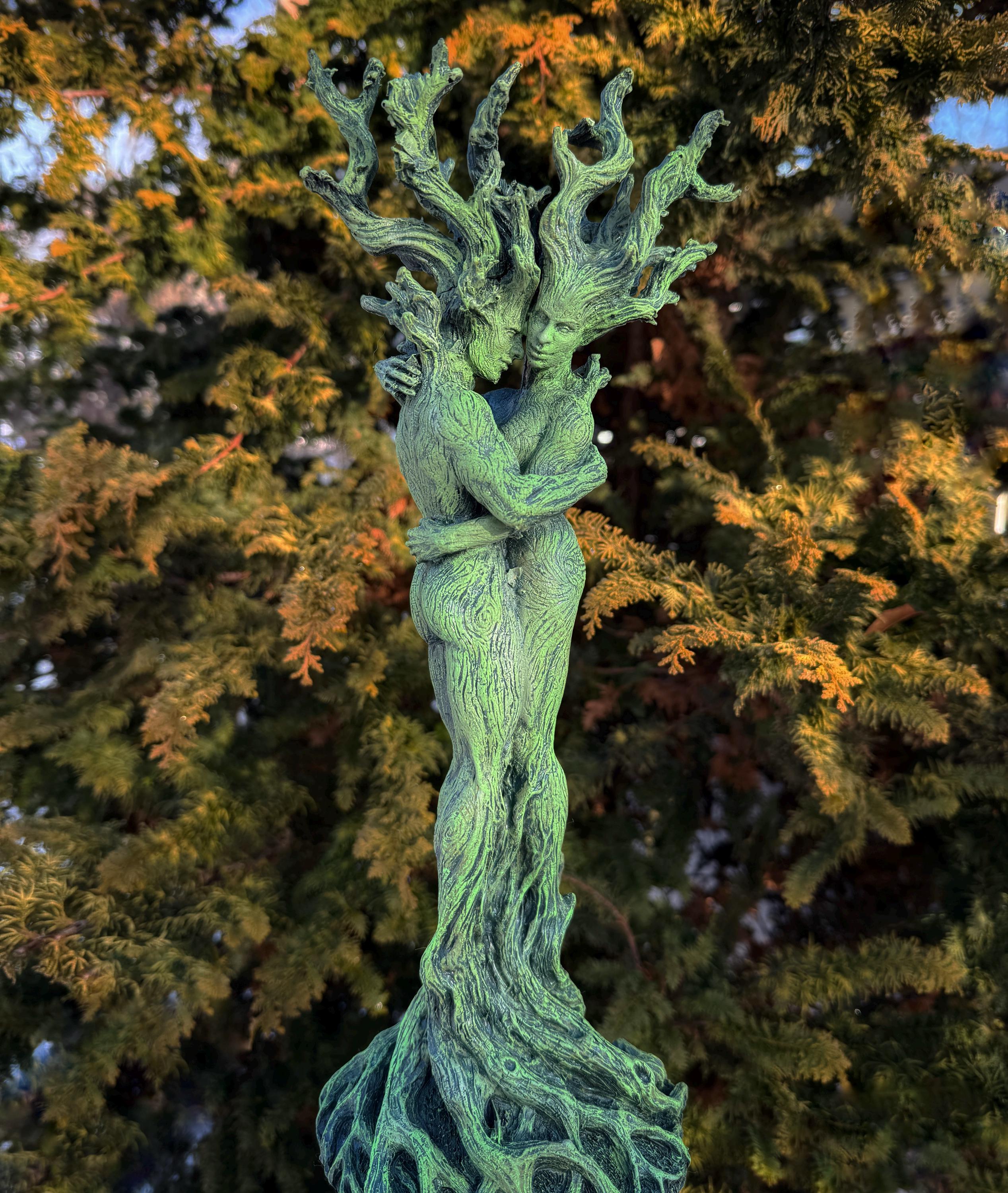 Amor Silvanus: Embracing Dryads Statue, Green Version | Mythical Forest Creature Figurine | Woodland Tree Spirit Couple, Fantasy Art Decor