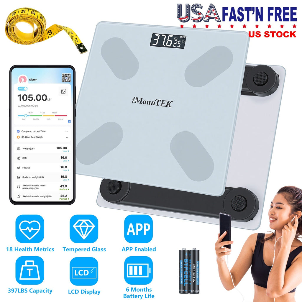 Smart Digital Scale For Body Weight High Accuracy BMI Weight Scale Full Body Composition Analysis Sync with APP 4mm Tempered Glass 397LBS Capacity LCD