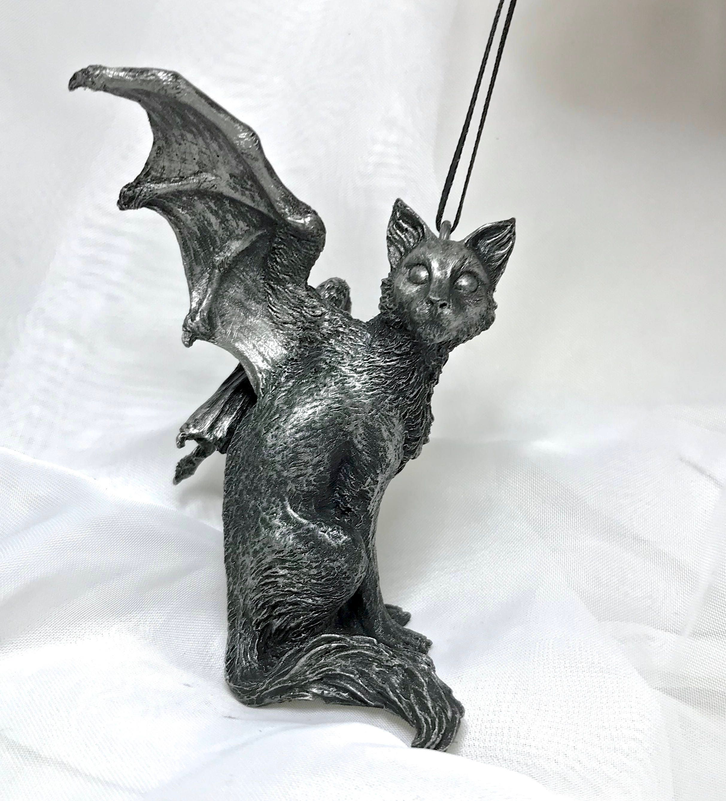 Fairy Cat: Witch’s Familiar Ornament, Hand Painted Resin Sculpture | Pagan Folklore Cat Figurine | Witchy Cat Art for Gothic Holiday Decor
