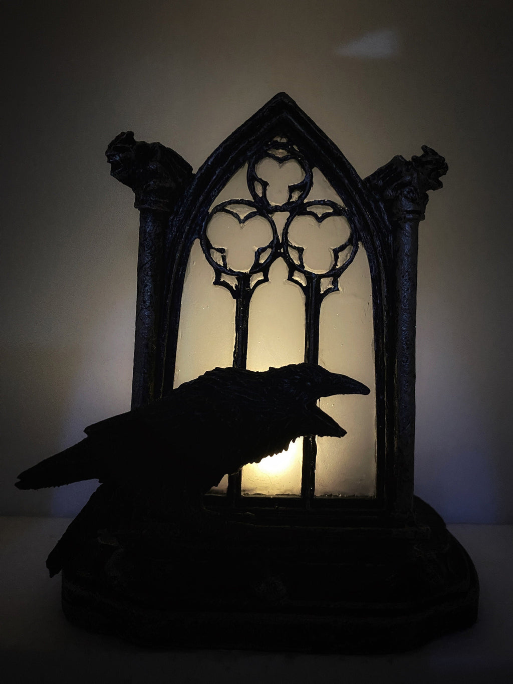 Raven and Window Tea Light, Hand Painted Resin Sculpture | Medieval Gothic Night Light | Poe’s Raven Lighting for Gothic Fantasy Home Decor