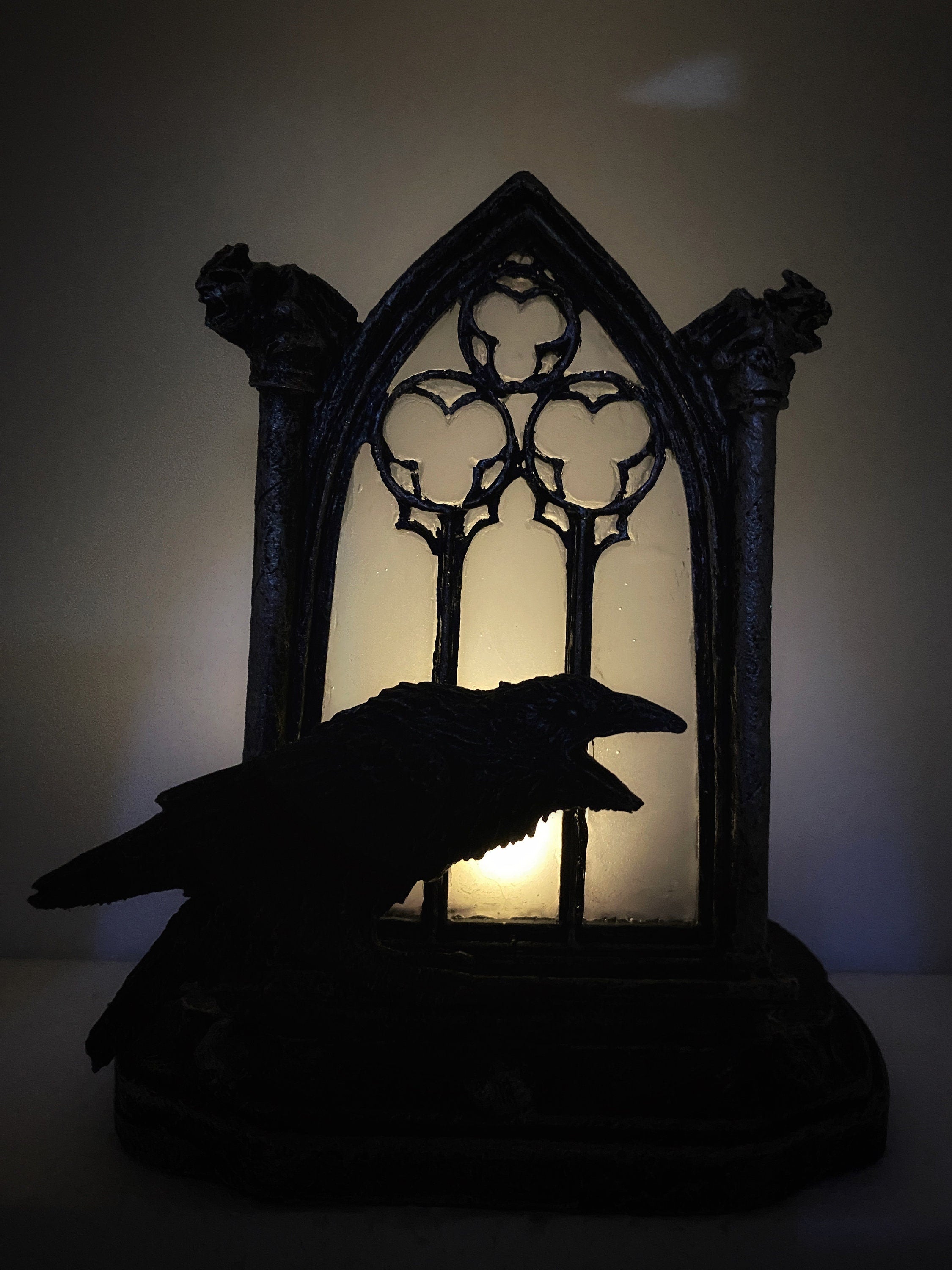 Raven and Window Tea Light, Hand Painted Resin Sculpture | Medieval Gothic Night Light | Poe’s Raven Lighting for Gothic Fantasy Home Decor