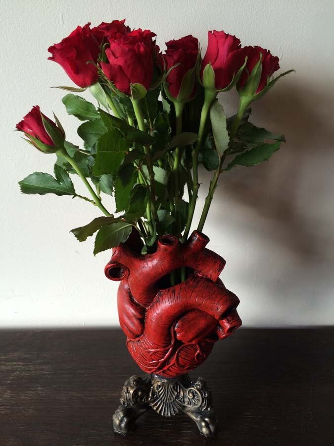 Anatomical Heart Vase, Red Finish | Unique Gothic Home Decor | Resin Sculpture Flower Vase, Medical Gift and Gothic Home Decor