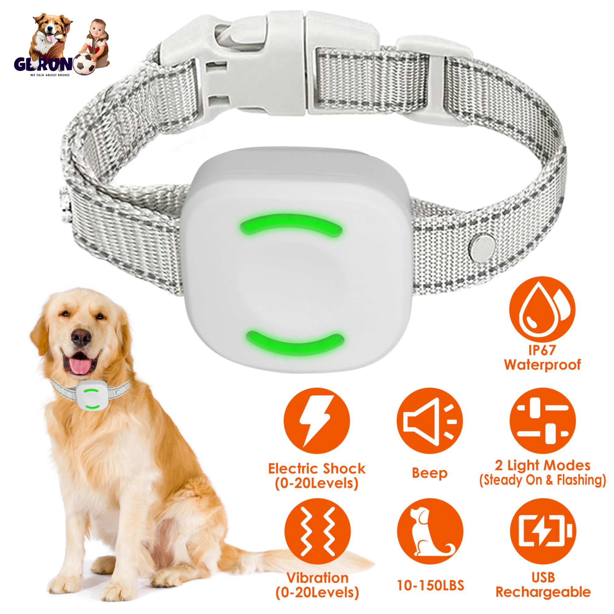 IP67 Waterproof Electric Dog Training Collar Rechargeable Dog Receiver with Light Beep Vibration Shock Fit for All Dogs 10-150LBS