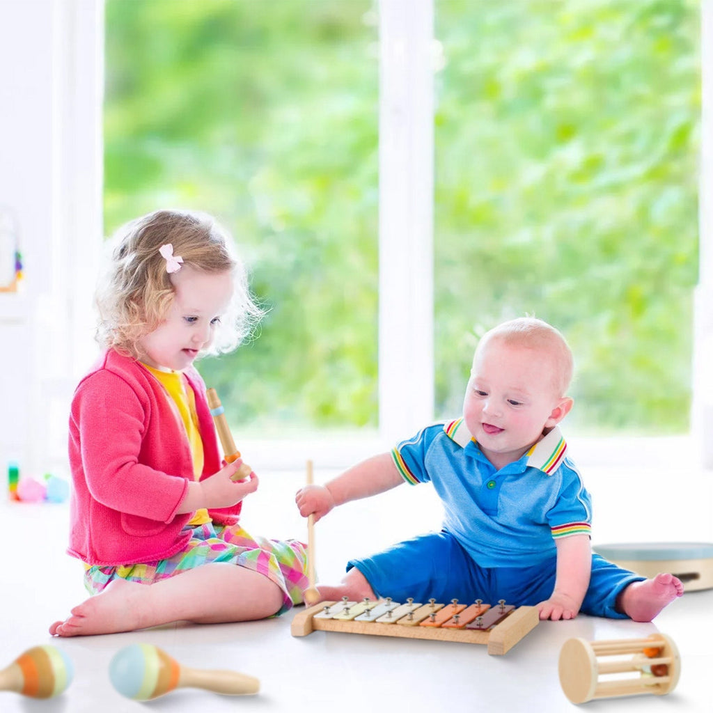 8Pcs Toddler Musical Toys Wooden Montessori Musical Instruments with Xylophone Tambourine Maracas for Boys Girls Aged 3 4 5 Years Old