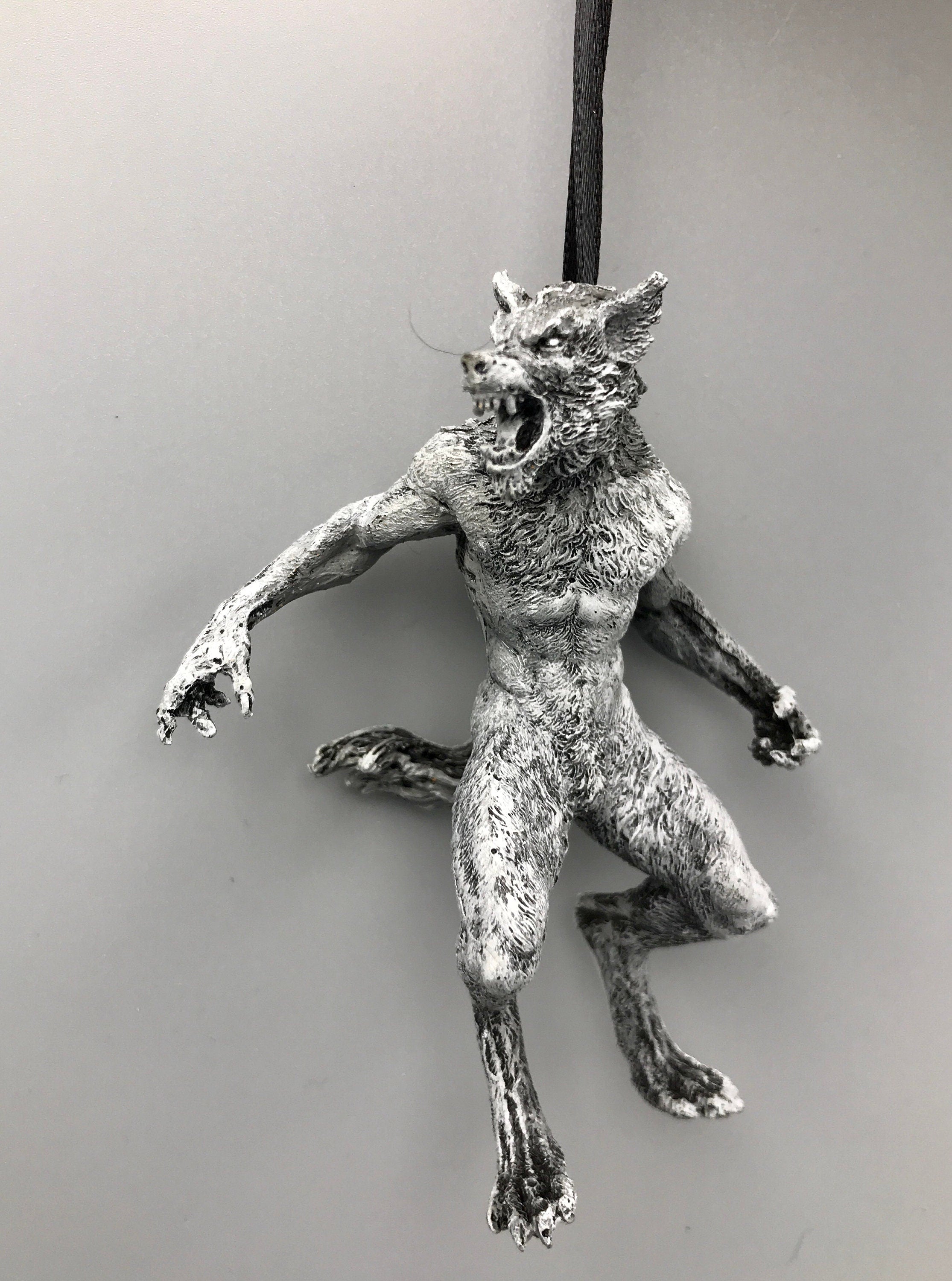 Werewolf Ornament, Grayscale, Hand Painted Resin Sculpture | Gothic Halloween Legendary Monster | Dark Folklore for Spooky Holiday Ornament