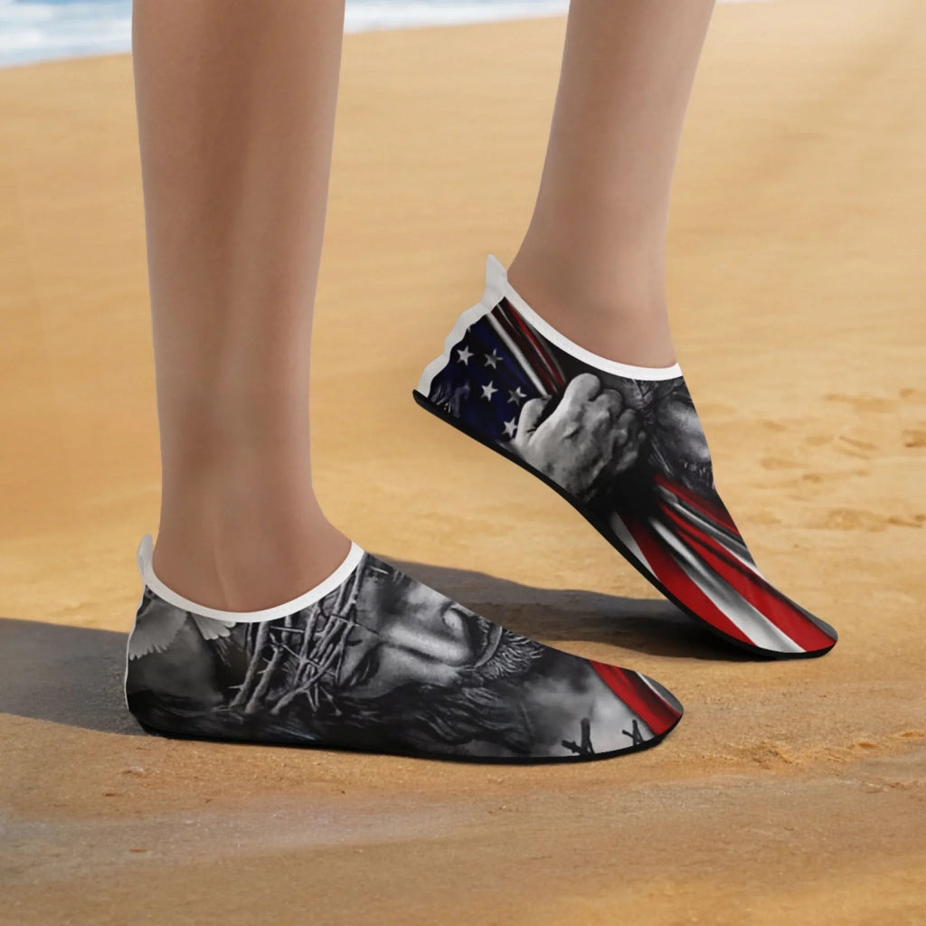 Personalized US Flag Print Water Shoes, Custom Patriotic Aqua Shoes, Best Gift for Independence Day