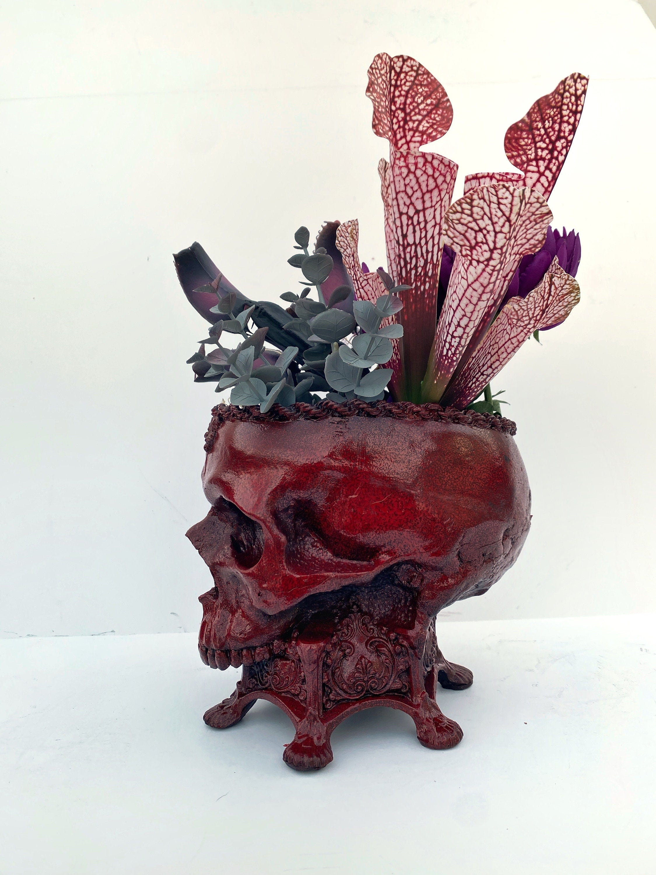 Human Skull Planter Blood Red Finish, Hand Painted Resin Sculpture | Unique Gothic Home Decor | Spooky Art Gift and Gothic Home Decor