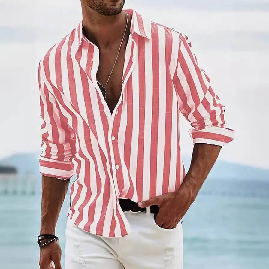 Striped Print Shirt Casual Loose Long-sleeved Shirt Men's Clothing