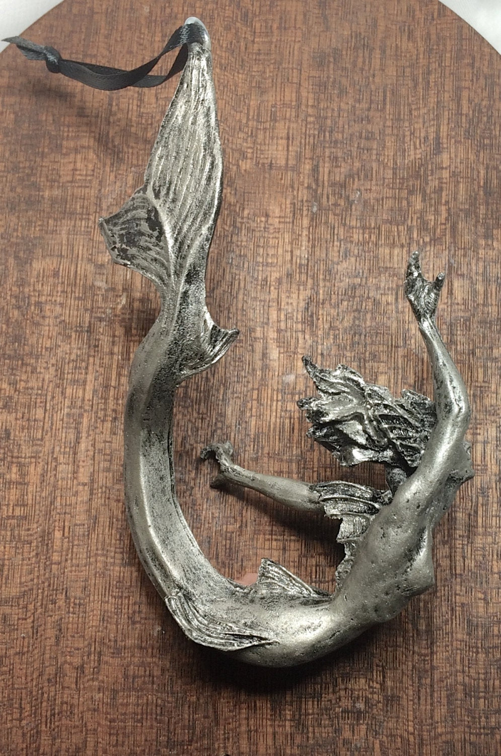 Mermaid Ornament, Hand Painted Resin Sculpture, Pewter Finish| Mythical Creature Figurine|Unique Legendary Mermaid Fantasy Art Holiday Decor
