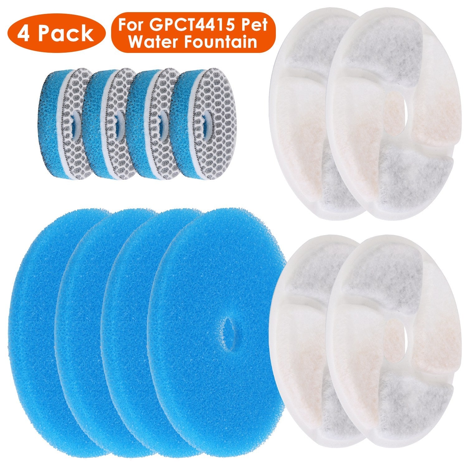4 Pack Filter Set for GPCT4415 Pet Water Fountain Double Sponge Activated Carbon Ion Resin 8D Filter Cotton