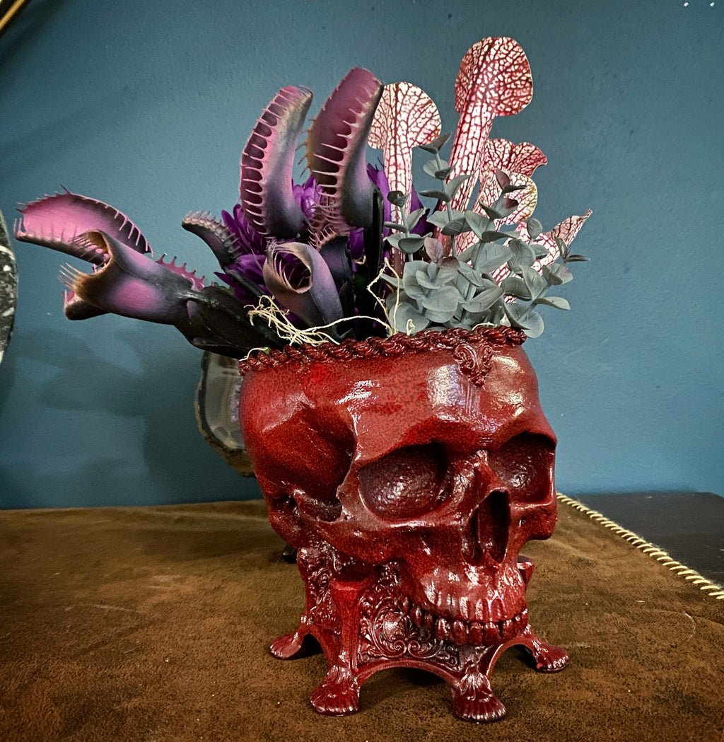 Human Skull Planter Blood Red Finish, Hand Painted Resin Sculpture | Unique Gothic Home Decor | Spooky Art Gift and Gothic Home Decor