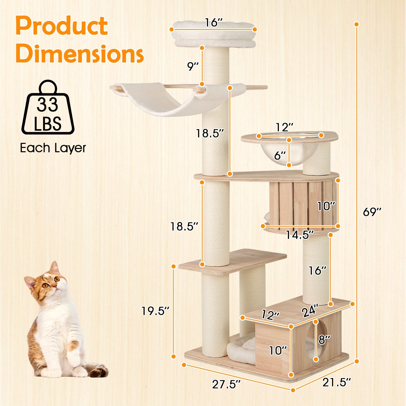 69 Inches Tall Cat Tree with Cozy Top Perch and Washable Plush Cushions
