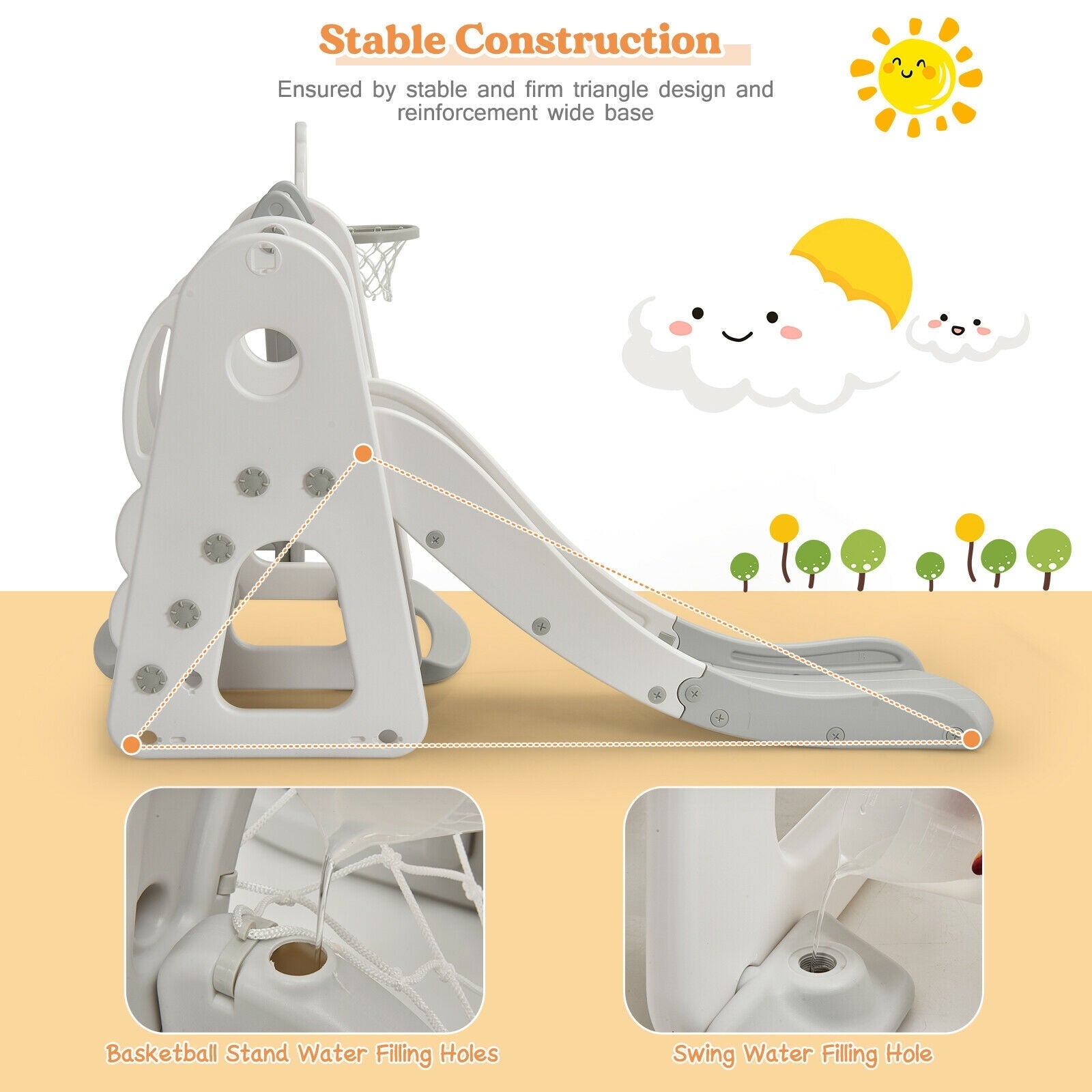6 in 1 Toddler Slide and Swing Set with Ball Games-White