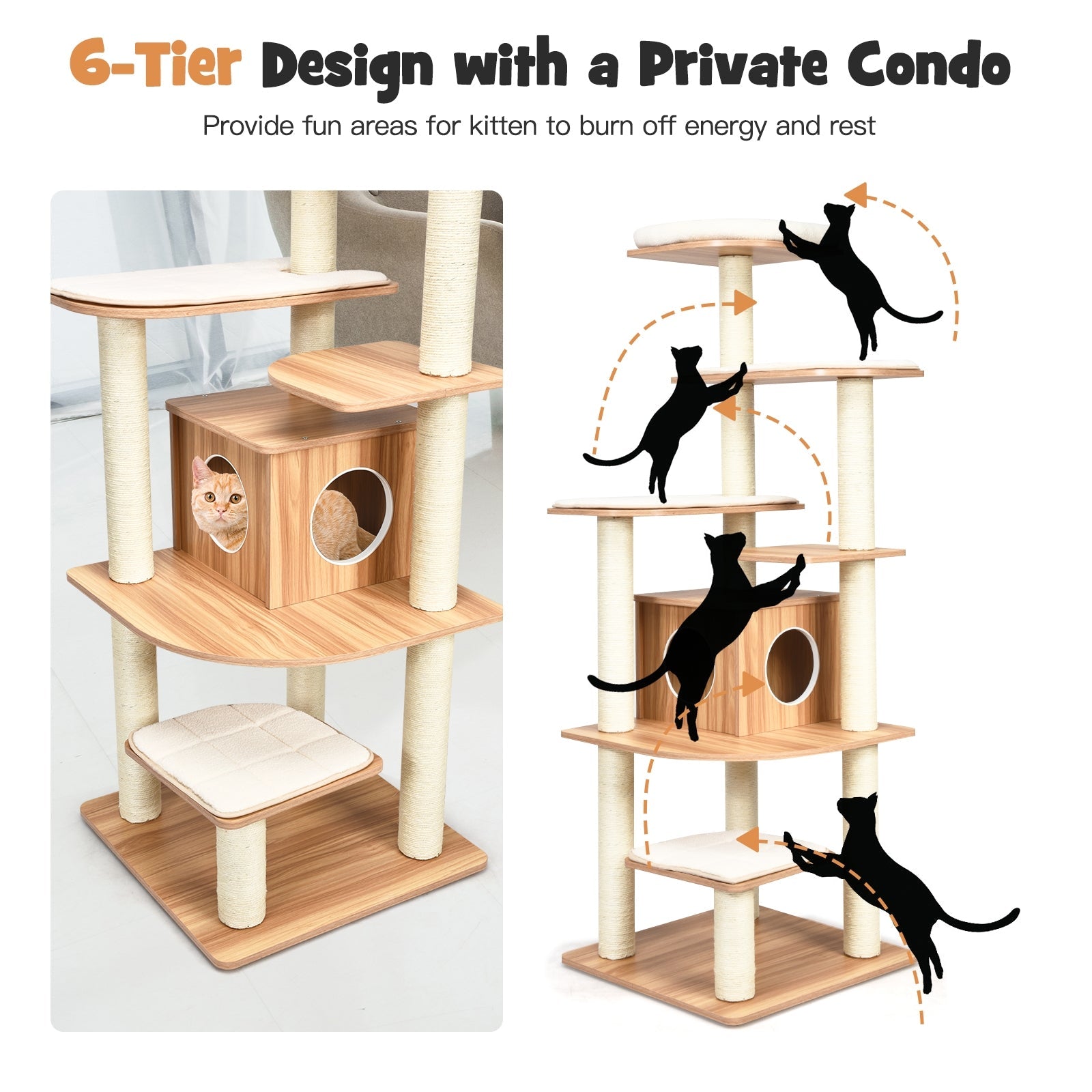 7-Layer Wooden Cat Tree Tall Cat Tower with Sisal Posts and Condo-Natural
