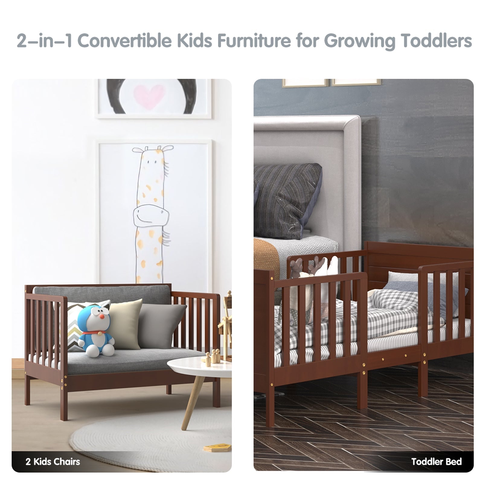2-in-1 Convertible Kids Wooden Bedroom Furniture with Guardrails-Brown