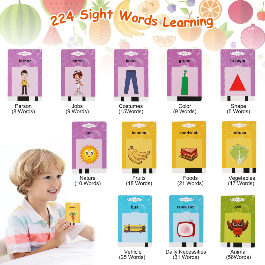 224 Words Kid Flash Talking Cards 112 Card Electronic Cognitive Audio Toddler Reading Machine Animal Shape Color Repeated Learning Cards English For C