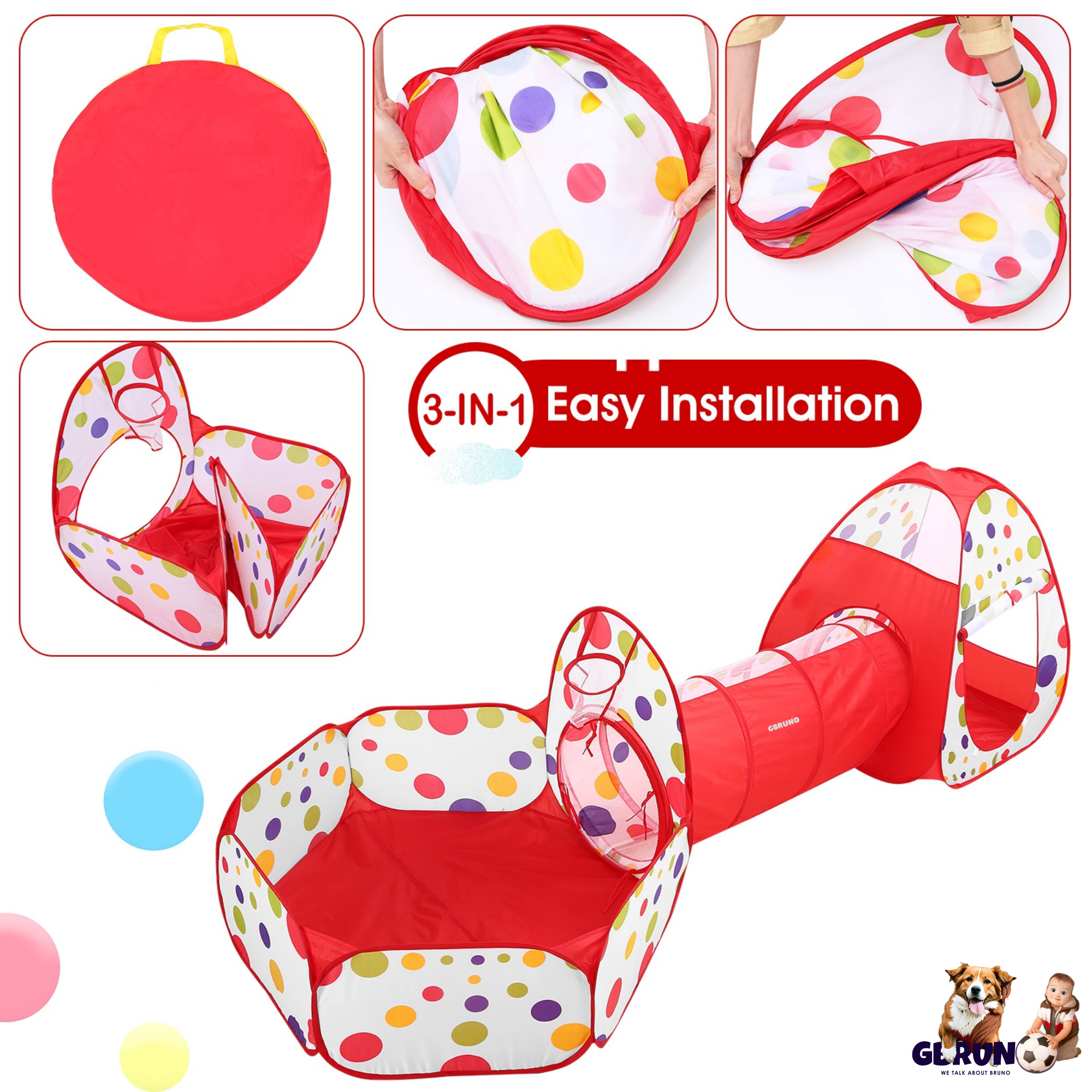 3 In 1 Child Crawl Tunnel Tent Kids Play Tent Ball Pit Set Foldable Children Play House Pop-up Kids Tent w/Storage Bag for Indoor Outdoor Travel Use