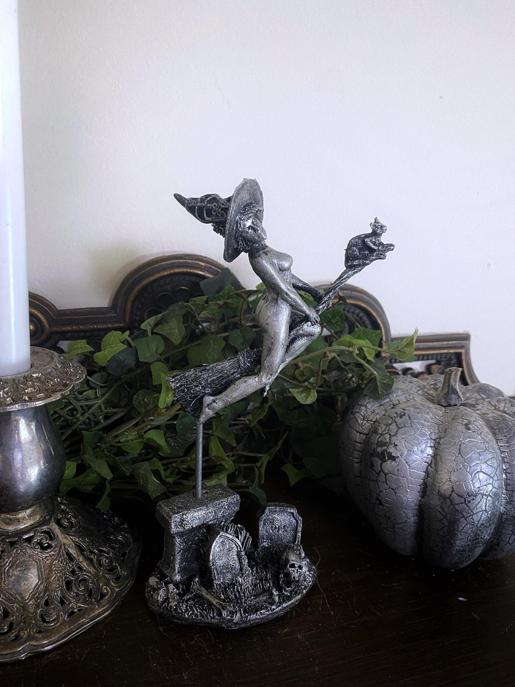 Witch’s Sabbath: Broomstick Rider Statue, Hand Painted Resin Sculpture | Pagan Folklore Figurine | Witchy Art for Gothic Home Decor