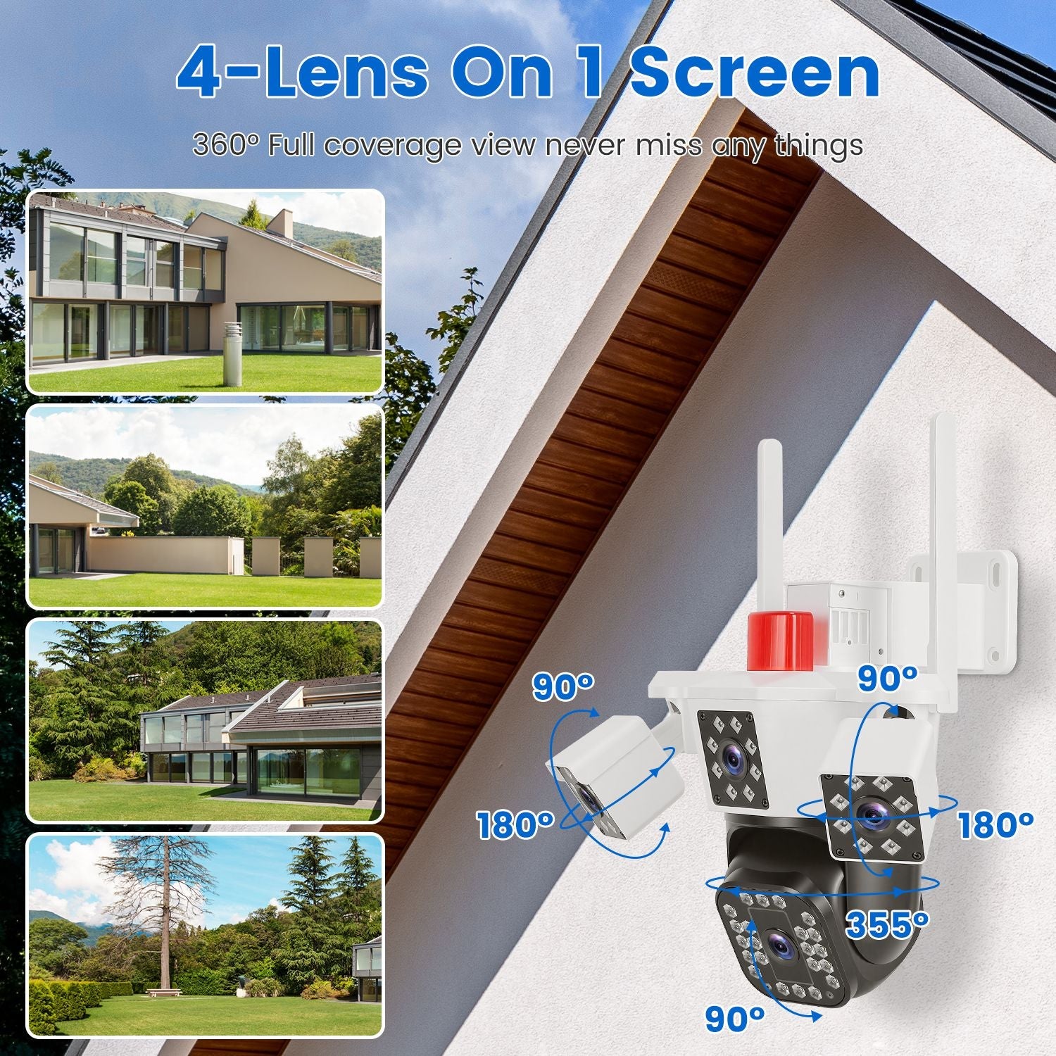 1080P HD 4-Lens Security Camera 360° View WiFi Pan & Tilt Surveillance Camera With Full Color Night Vision Auto Motion Tracking 2-Way Audio Spotlights