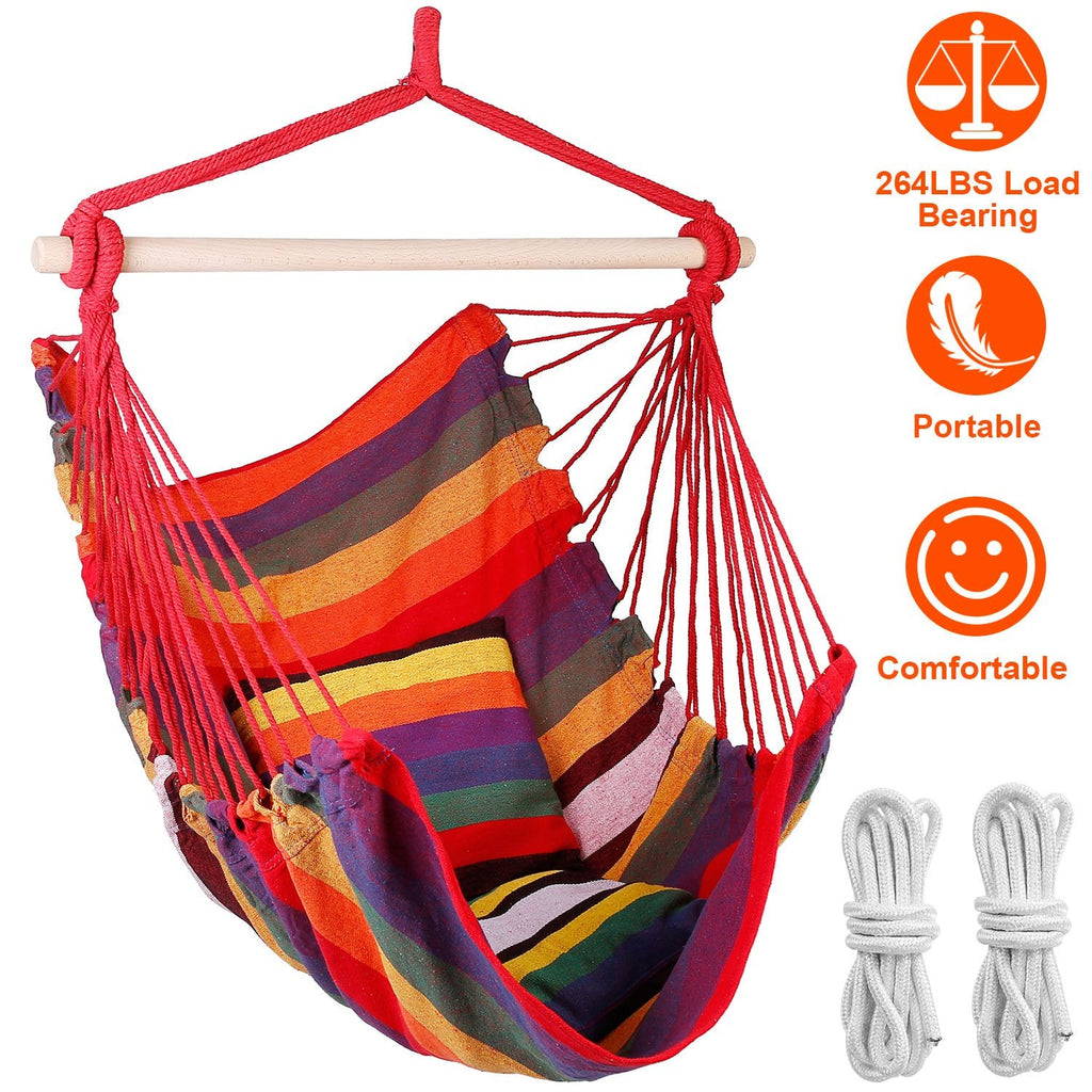 Hammock Hanging Chair Canvas Porch Patio Swing Seat Portable Camping Rope Seat Wooden Stick Hammock Chair with 2 Pillows 265LBS Load-bearing