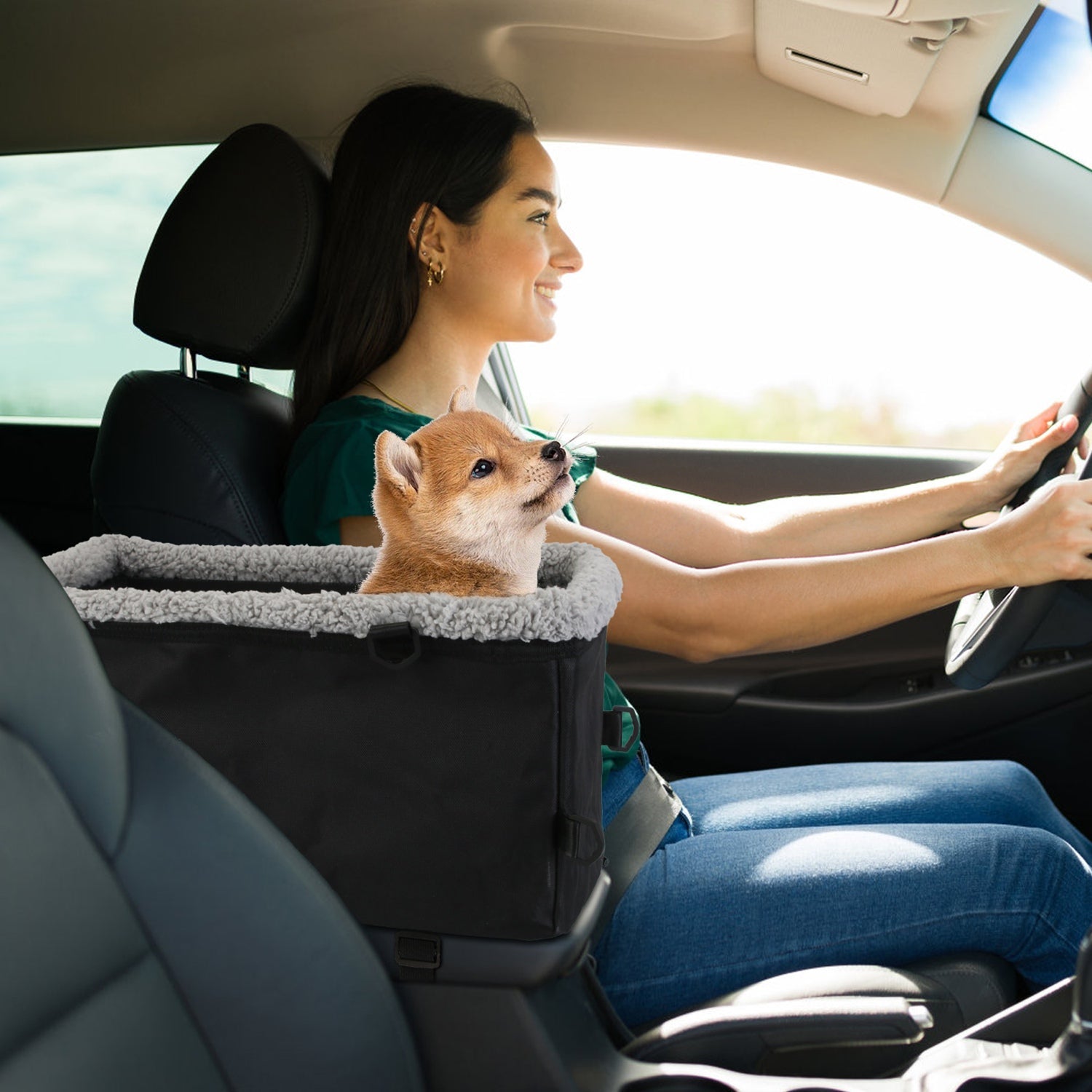Small Dog Car Seat with Harness Center Console Pet Booster Seat Travel Car Seat with Side Pocket Cotton Velvet Cushion for Dogs Cats Up to 9LBS