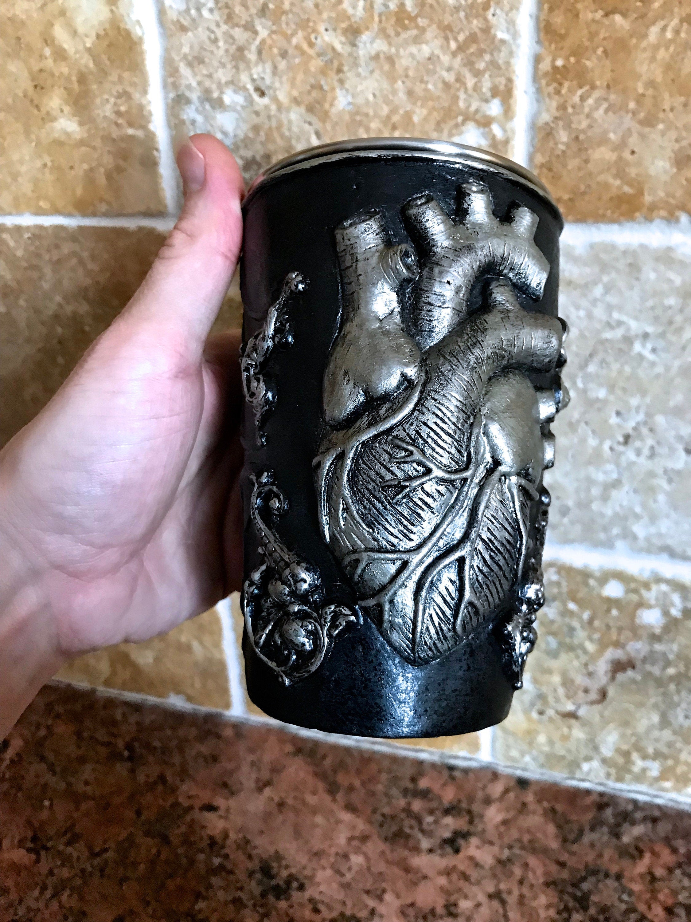 Anatomical Heart Mug, Hand Sculpted Resin Gothic Art Mug with Stainless Steel Liner| Spooky Heart Mug, Halloween Gift and Gothic Home Decor