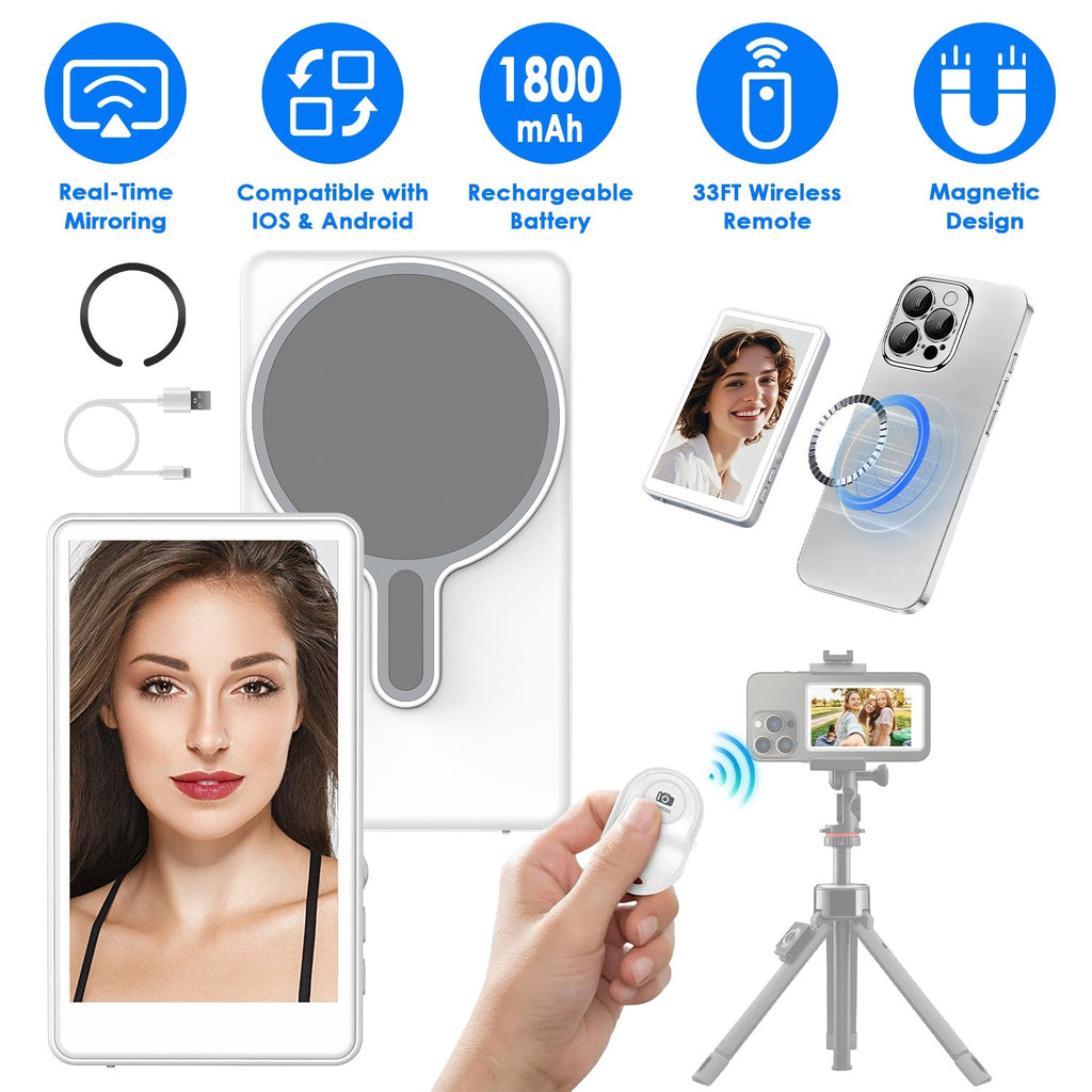 Vlog Selfie Monitor Screen Magnetic Rear Camera Phone Monitor Wireless Selfie Monitor Screen with 33FT Remote for Vlog Live Stream Compatible with IOS