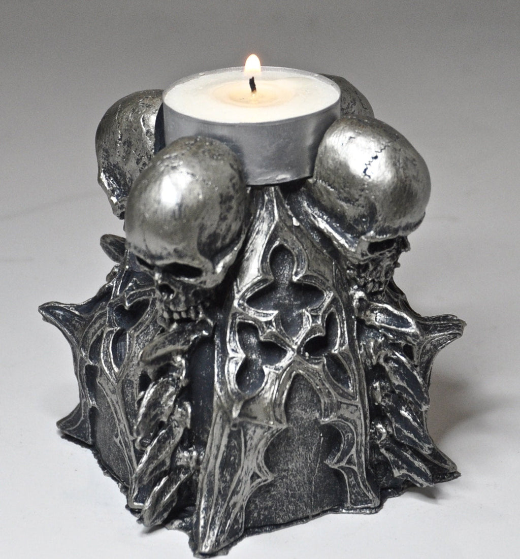 Requiem Gothic Tea Light Holder, Hand Sculpted Resin | Spooky Gothic Skull and Bones Candle Holder for Halloween Gift and Gothic Decor