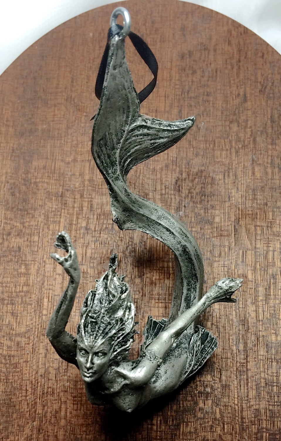 Mermaid Ornament, Hand Painted Resin Sculpture, Pewter Finish| Mythical Creature Figurine|Unique Legendary Mermaid Fantasy Art Holiday Decor