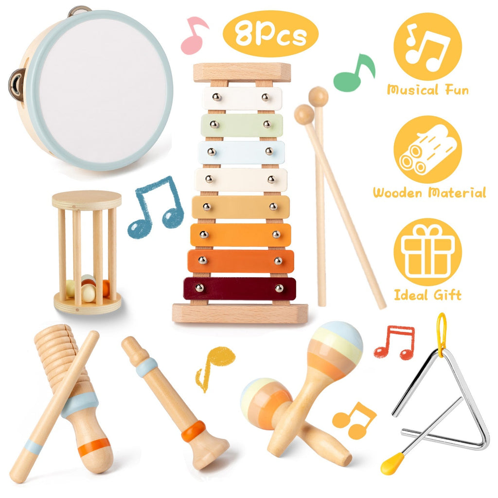 8Pcs Toddler Musical Toys Wooden Montessori Musical Instruments with Xylophone Tambourine Maracas for Boys Girls Aged 3 4 5 Years Old