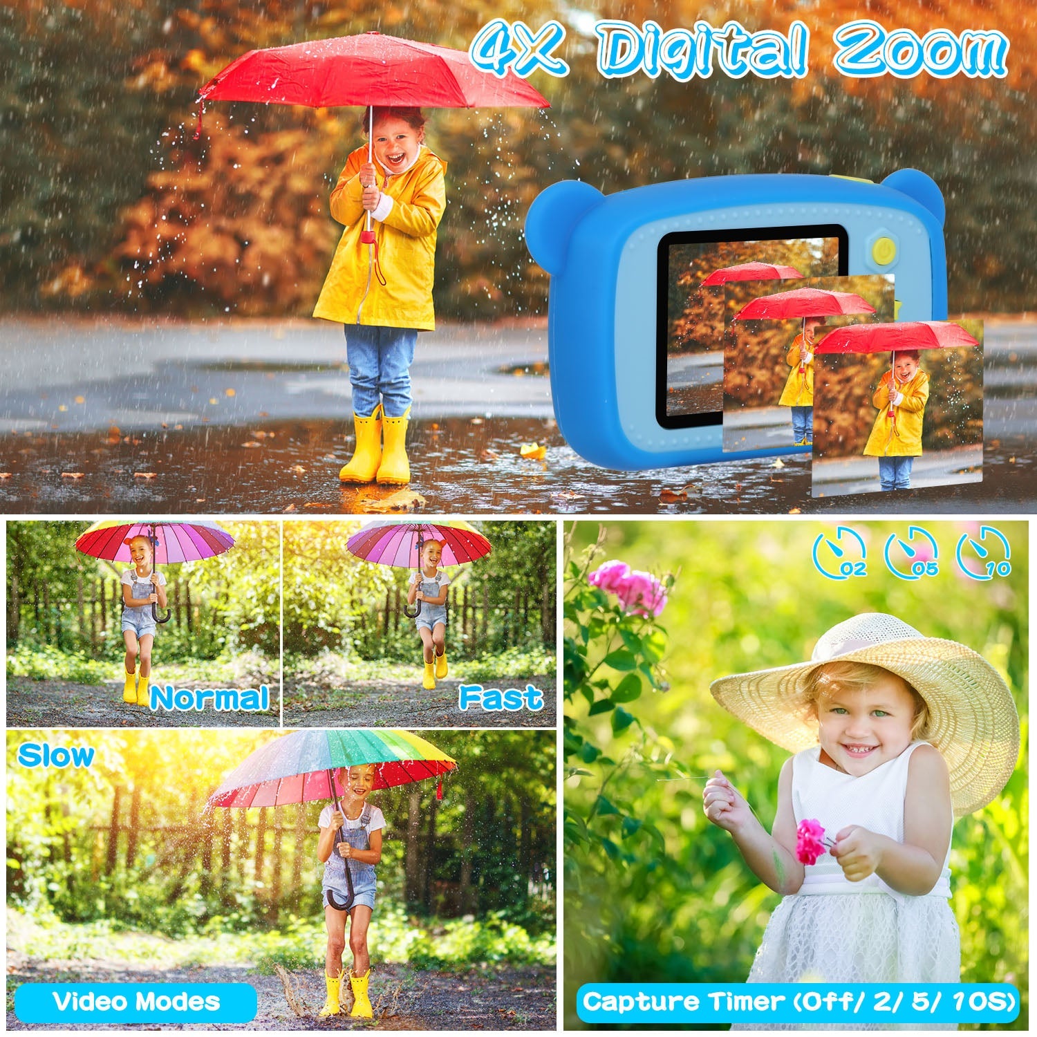 Kids Digital Camera Child Video Camera Children Camcorder Christmas Toy Birthday Gifts with 2.0in Screen 4X Digital Zoom 5 Games 32G MMC Card for 3-10