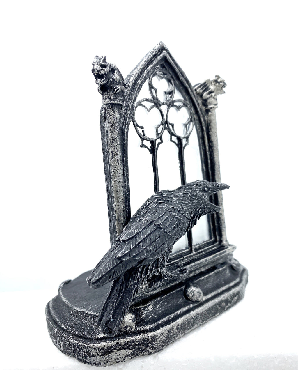 Raven and Window Tea Light, Hand Painted Resin Sculpture | Medieval Gothic Night Light | Poe’s Raven Lighting for Gothic Fantasy Home Decor